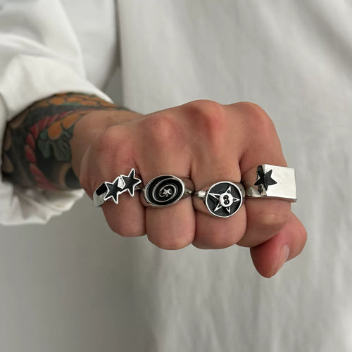 Men's 4-piece set of dripping oil five-pointed star ring set European and American hip-hop trend fashion boys take photos with accessories