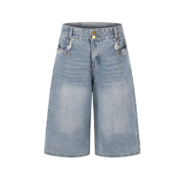 American-style street jeans, summer new washed patchwork pockets, frayed edged denim shorts, personalized five-point pants