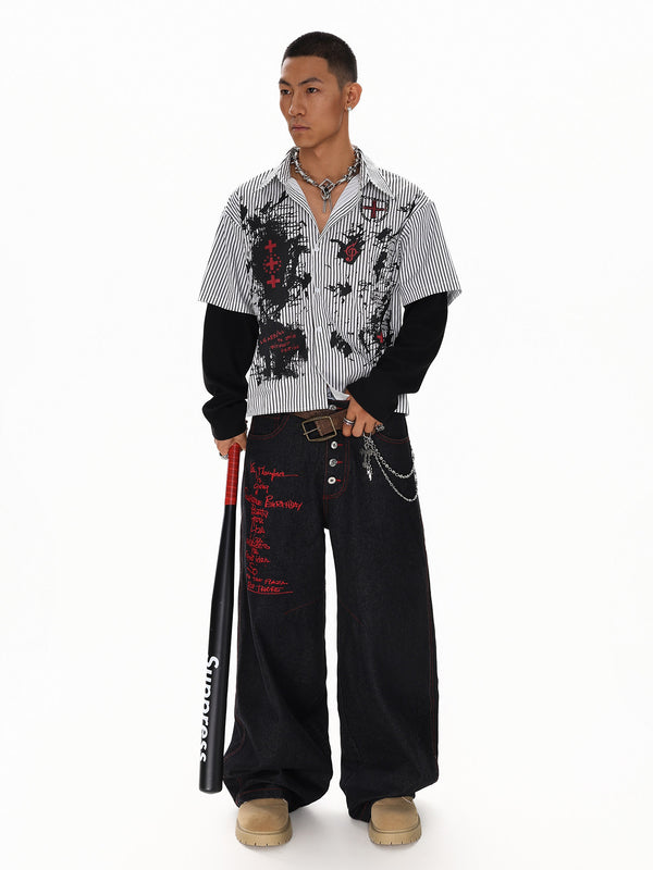Letter Embroidered Breasted Jeans