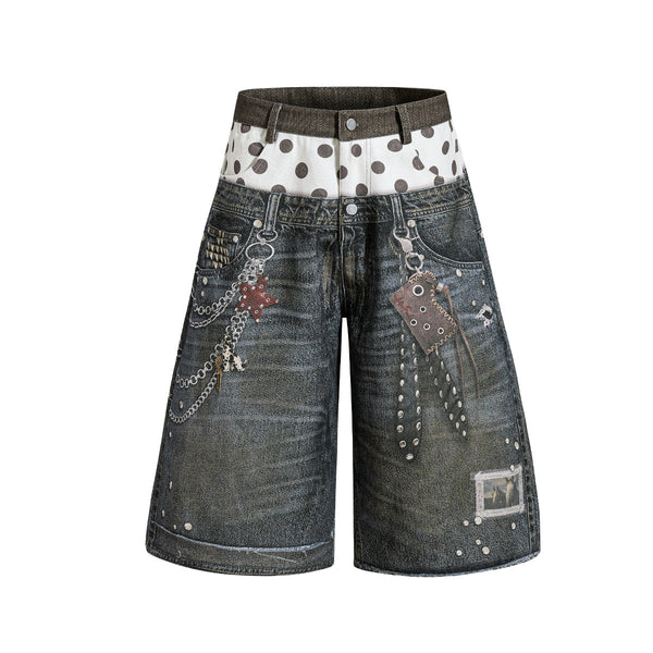 American street fashion brand printed design washed denim shorts, loose and unique style, roguish and cool wide-leg cropped pants for men and women