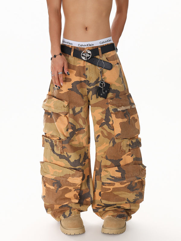 XPKAEAX American Camouflage Multi-Pocket Workwear Jeans for Men, 2026 Spring New Loose Wide-Leg Pants for Ins
