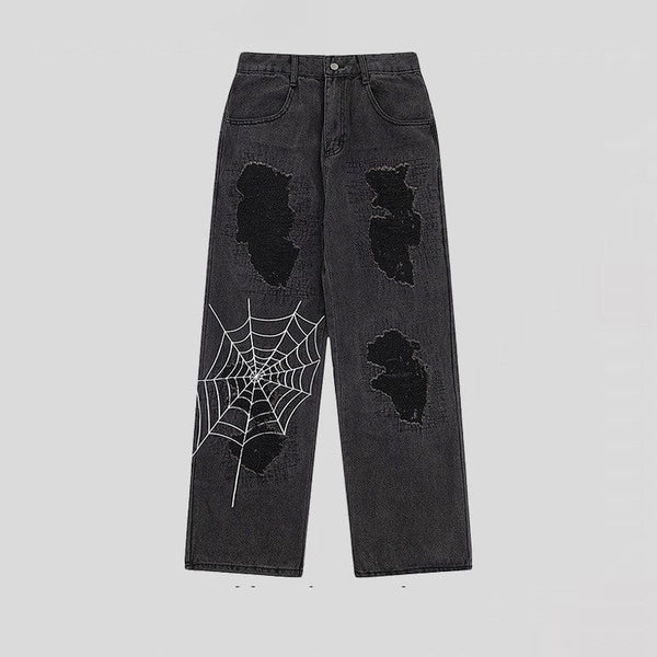 Light Web Destrssed Loose Straight Jeans—9087