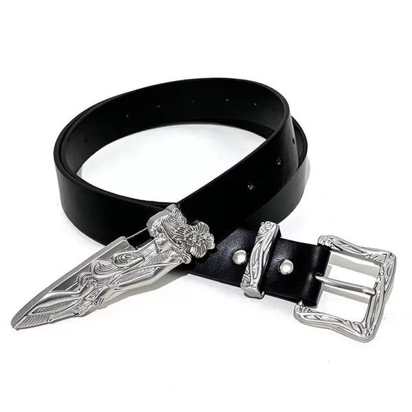 TALKLESSFASHION 110cm Direction of Light Western Swordsman Belt Kendo Carved Pants Belt Vintage Black Niche Belt