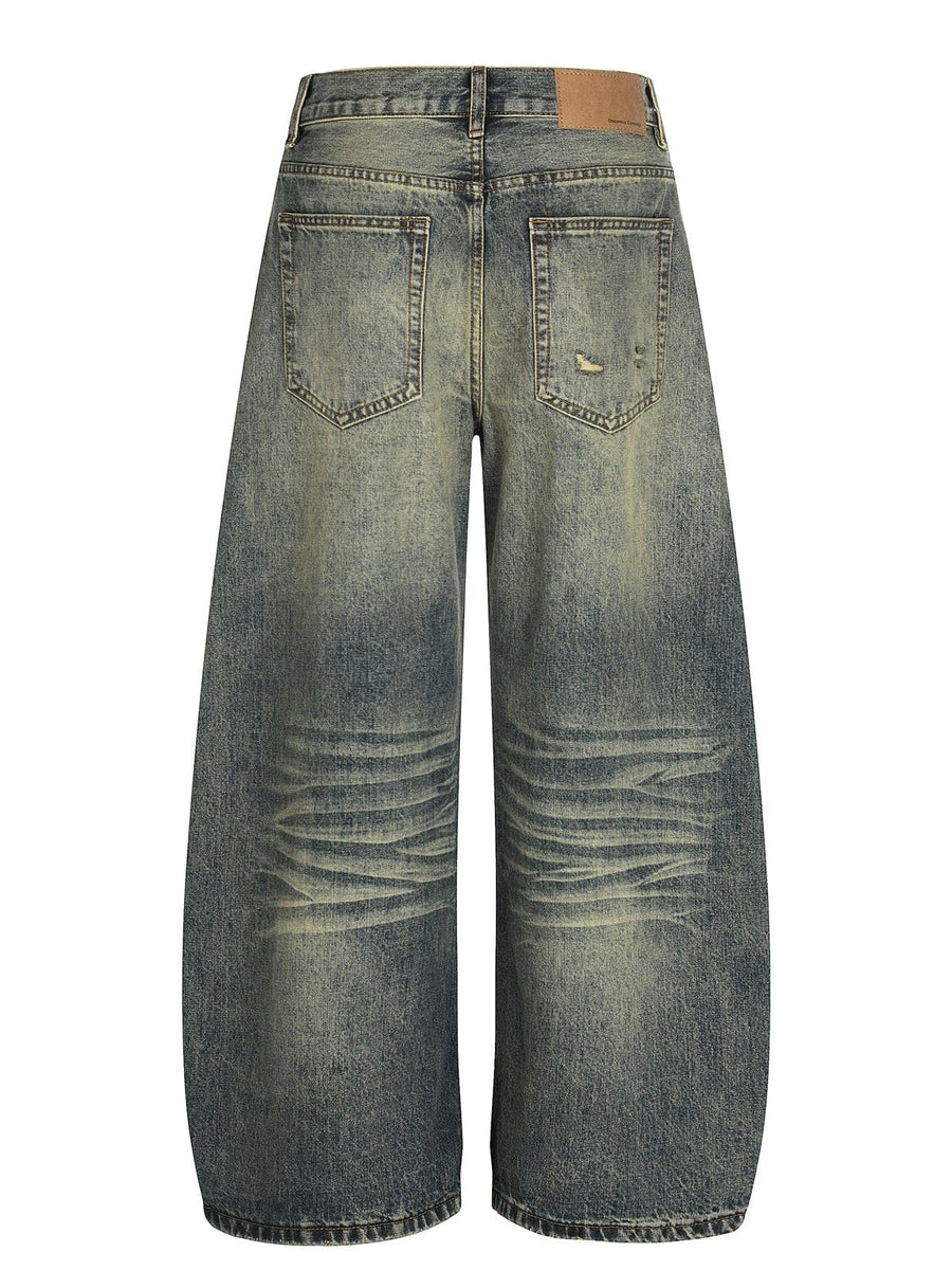 TALKLESSFASHION American retro washed old cat beard scimitar jeans for men and women, loose and versatile floor-length wide-leg pants