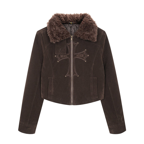 American vintage nail bead cross fur collar jacket jacket for women 2025 fall loose casual versatile top