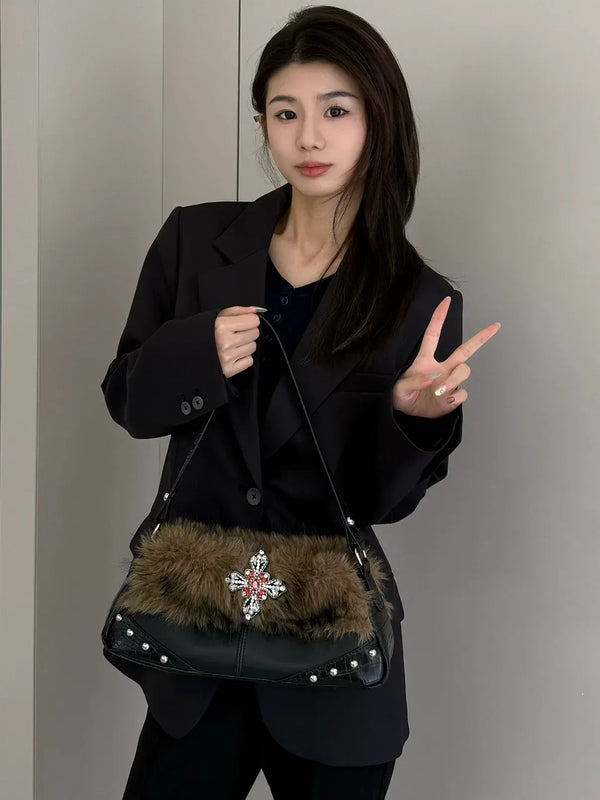 Plush Rhinestone "Sweet-Cool" Underarm Bag