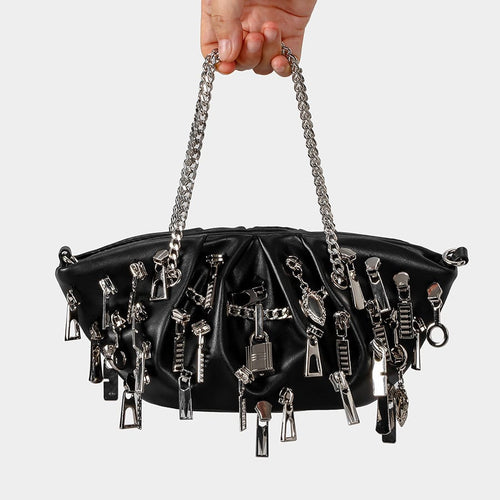 THETLSTUDIO black Punk Style Pleated Dumplings Armpit Bag 2025 New Multi Zipper Pull Decoration Women's Shoulder Bag Hot Girl Tote Bag
