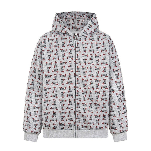 Digital print letter zip hooded cardigan sweatshirt