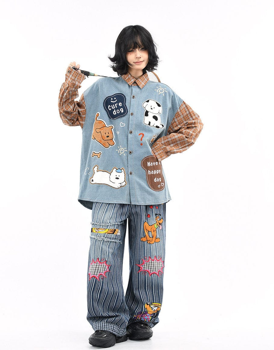 TALKLESSFASHION OV original American plaid patchwork washed denim shirt men's and women's autumn puppy towel embroidered loose long-sleeved shirt