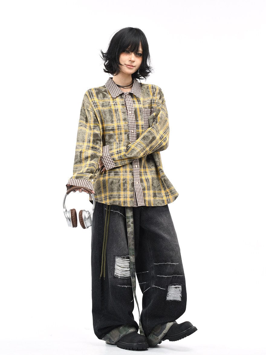 TALKLESSFASHION OV original American vintage plaid patchwork couple long sleeve shirt men's and women's autumn street loose casual shirt trend