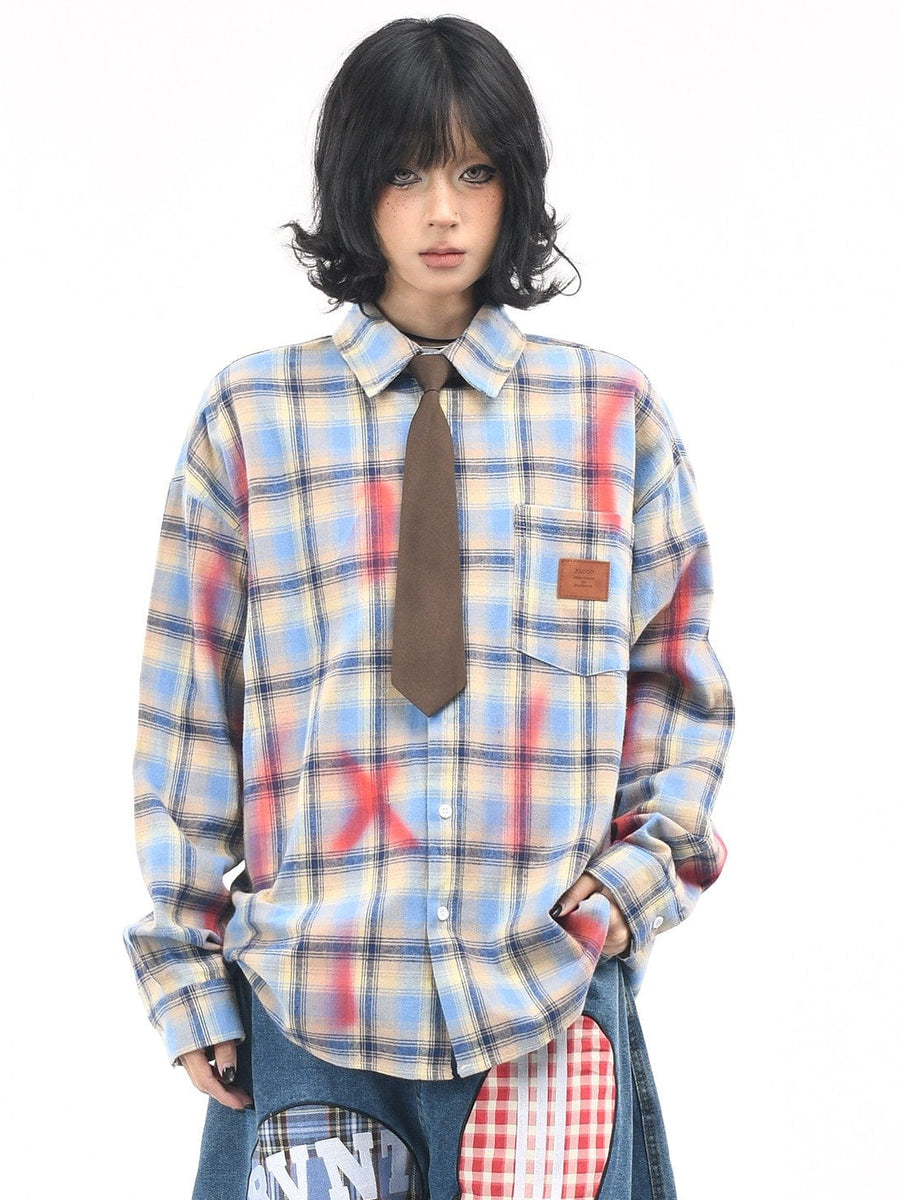 TALKLESSFASHION OV original American vintage plaid smudged graffiti long sleeve shirt women's autumn tie design loose couple shirt