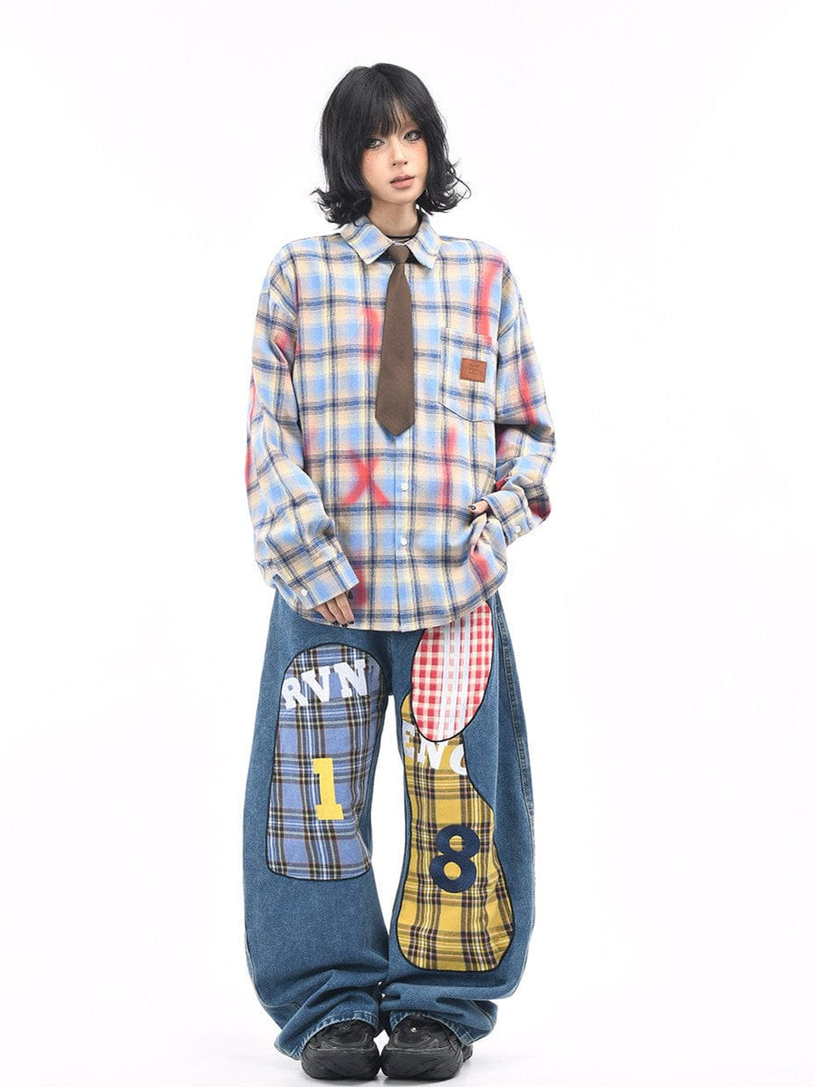 TALKLESSFASHION OV original American vintage plaid smudged graffiti long sleeve shirt women's autumn tie design loose couple shirt