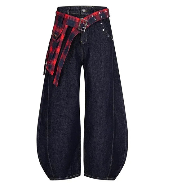 TALKLESS Washed Plaid Belt Barrel Jeans—5227