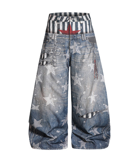 American street fashion brand jeans, personalized curved knife pants, loose wide-leg printed pants, fake two-piece floor-length pants for men and women