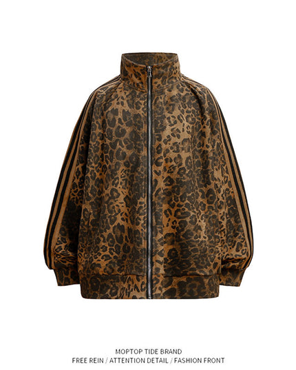 Mr. WH design leopard print hip-hop suit stand-up collar sweatshirt men's and women's slacks high street two-piece set