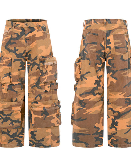 XPKAEAX American Camouflage Multi-Pocket Workwear Jeans for Men, 2026 Spring New Loose Wide-Leg Pants for Ins