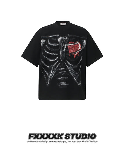 FXK Original Dark High Street Style Skull Love Print Waffle Breathable Loose Couple Short Sleeve T-Shirt Top