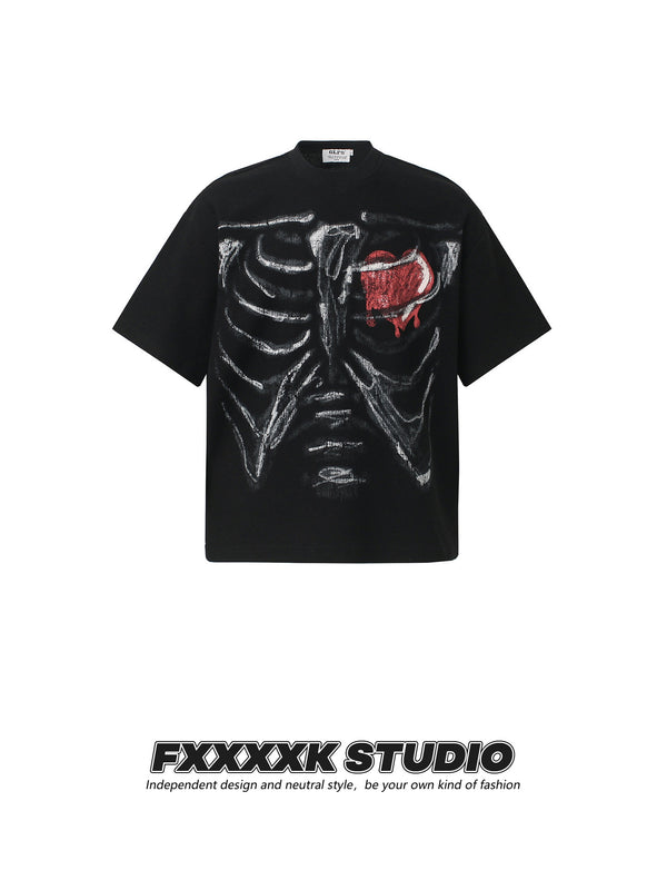 FXK Original Dark High Street Style Skull Love Print Waffle Breathable Loose Couple Short Sleeve T-Shirt Top