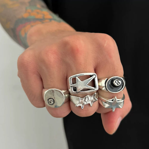 5-piece set of pentagram billiards black 8 ring set European and American retro hip-hop niche ring cross-border men's hand jewelry