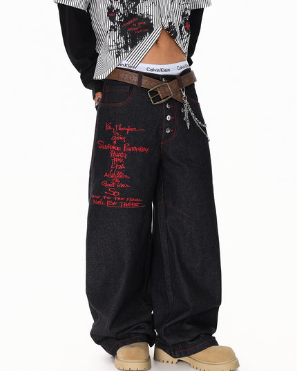 Letter Embroidered Breasted Jeans