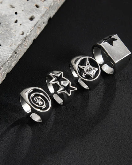 Men's 4-piece set of dripping oil five-pointed star ring set European and American hip-hop trend fashion boys take photos with accessories