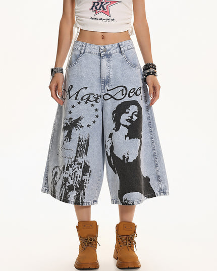 XPKAEAX American vintage washed printed design high-waisted, slimming, loose wide-leg cropped jeans for women's summer