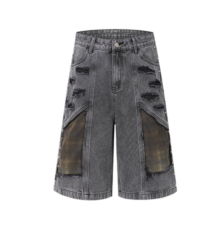 Washed Splicing Broken Denim Shorts