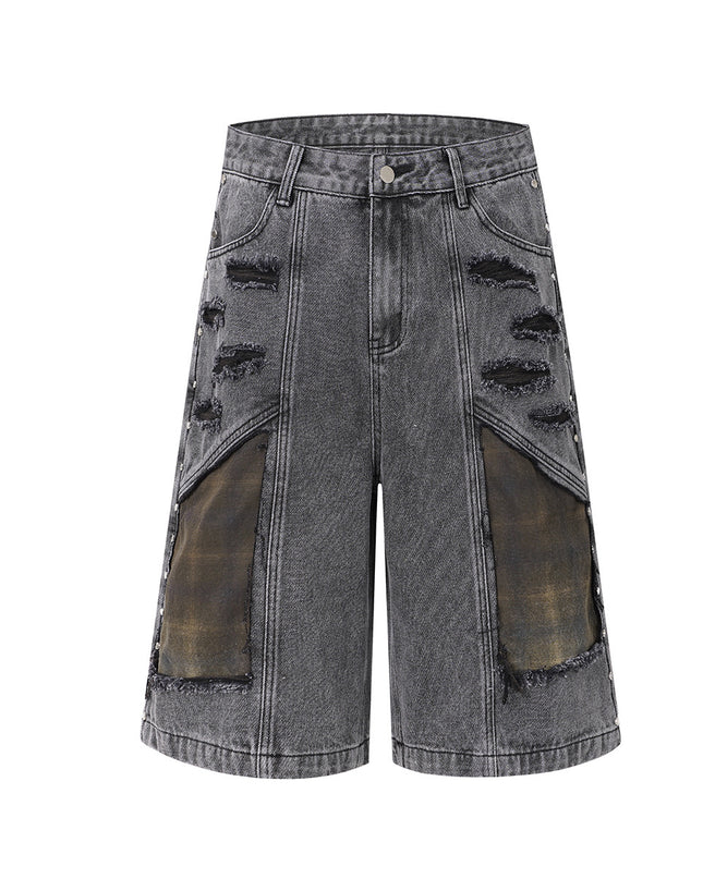 Washed Splicing Broken Denim Shorts