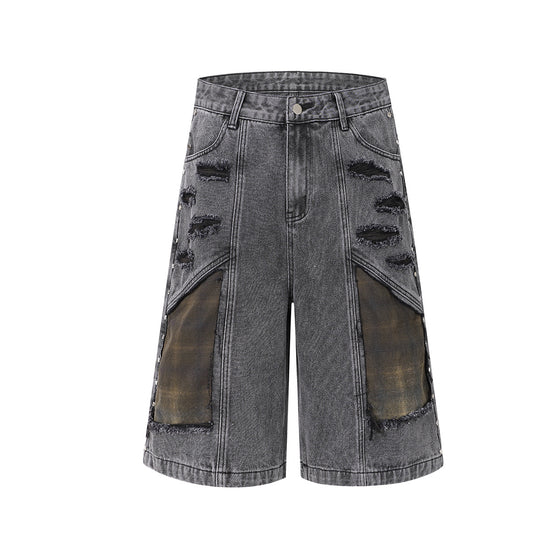 Washed Splicing Broken Denim Shorts