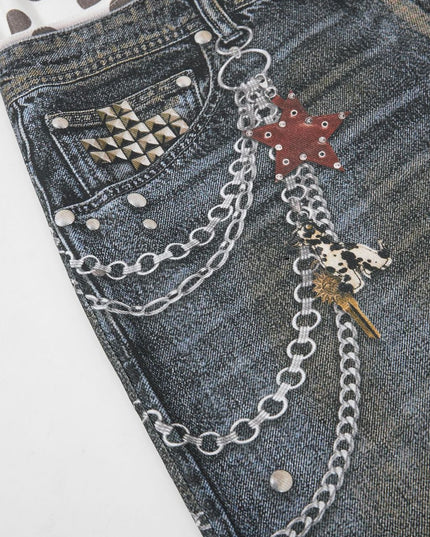American street fashion brand printed design washed denim shorts, loose and unique style, roguish and cool wide-leg cropped pants for men and women