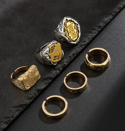 Men's 6-piece letter ring set, European and American retro hip-hop trendy unique niche design ring combo, cool