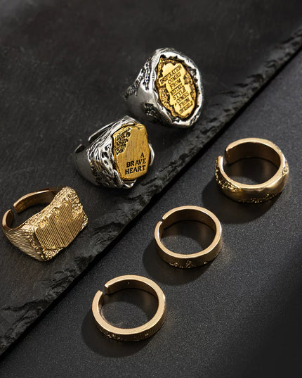 Men's 6-piece letter ring set, European and American retro hip-hop trendy unique niche design ring combo, cool