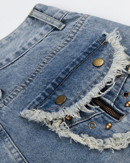 American-style street jeans, summer new washed patchwork pockets, frayed edged denim shorts, personalized five-point pants