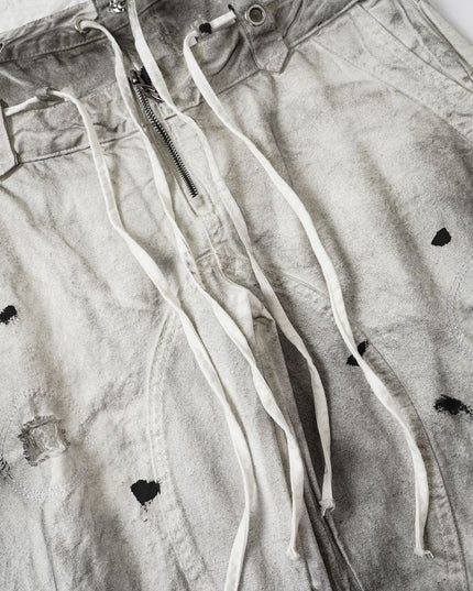 American High Street Subculture: Inkjet Graded Washed Destroyed Casual Pants Men's 3D Silhouette Double-Waist Toe Wide-Leg Pants