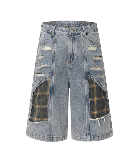 Washed Splicing Broken Denim Shorts