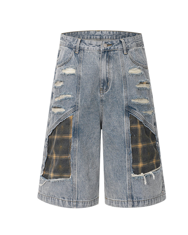 Washed Splicing Broken Denim Shorts