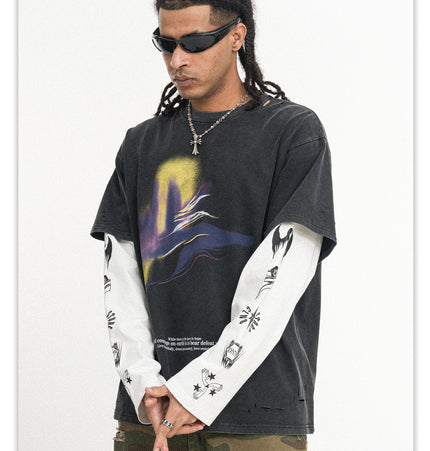 Distressed Patchwork Long Tee