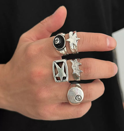 5-piece set of pentagram billiards black 8 ring set European and American retro hip-hop niche ring cross-border men's hand jewelry