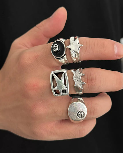 5-piece set of pentagram billiards black 8 ring set European and American retro hip-hop niche ring cross-border men's hand jewelry