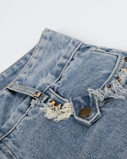 American-style street jeans, summer new washed patchwork pockets, frayed edged denim shorts, personalized five-point pants