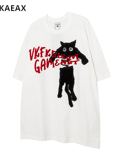 XPKAEAX original trendy brand cat towel embroidered five-quarter sleeve European and American high street crew neck short sleeve T-shirt men's and women's couples