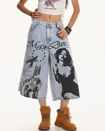 XPKAEAX American vintage washed printed design high-waisted, slimming, loose wide-leg cropped jeans for women's summer