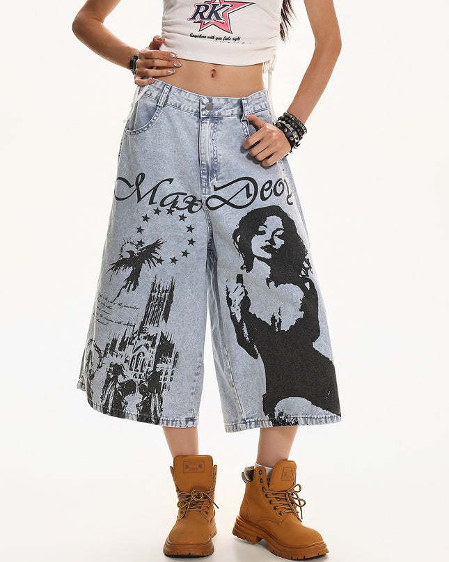 XPKAEAX American vintage washed printed design high-waisted, slimming, loose wide-leg cropped jeans for women's summer