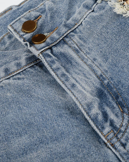American-style street jeans, summer new washed patchwork pockets, frayed edged denim shorts, personalized five-point pants