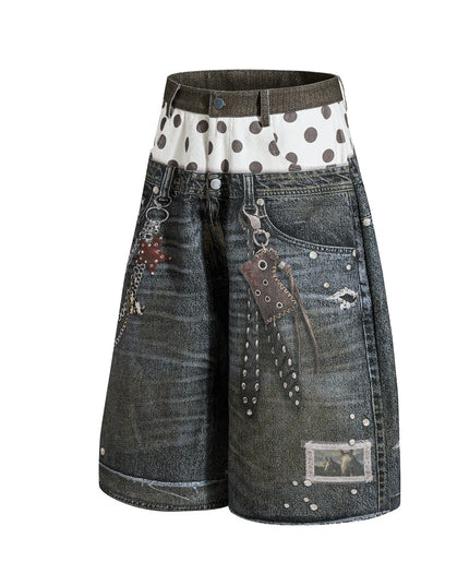 American street fashion brand printed design washed denim shorts, loose and unique style, roguish and cool wide-leg cropped pants for men and women