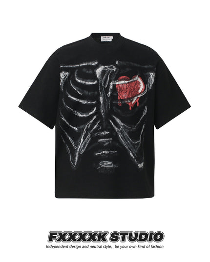 FXK Original Dark High Street Style Skull Love Print Waffle Breathable Loose Couple Short Sleeve T-Shirt Top
