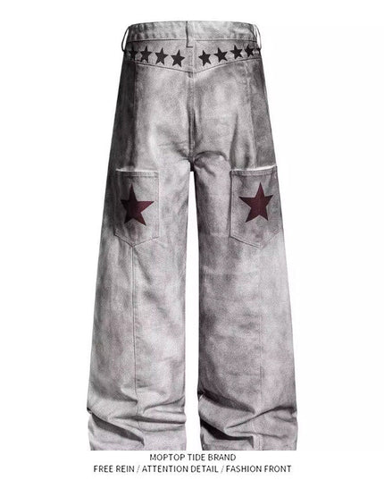 Mr. WH American distressed letter print dirty jeans men's and women's loose wide-leg pants niche design trousers