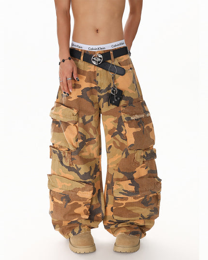 XPKAEAX American Camouflage Multi-Pocket Workwear Jeans for Men, 2026 Spring New Loose Wide-Leg Pants for Ins