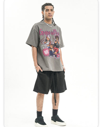ONSEVENINE American Short Sleeve T-Shirt Men's Summer New Heavy Cotton 300g Small Neckline Loose Hip Hop National Trend