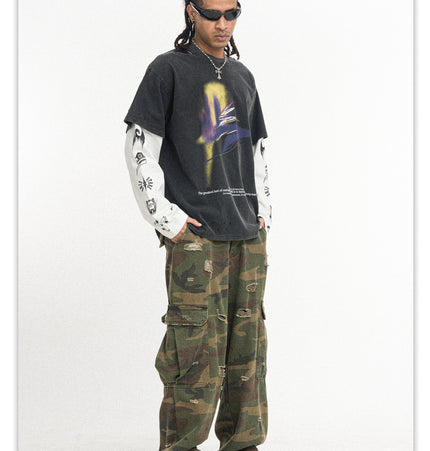 Distressed Patchwork Long Tee